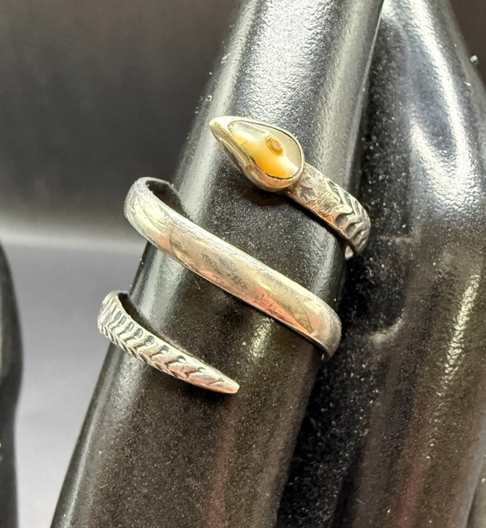 Taxco JDS 925 Sterling Silver Snake Wrap Ring Mexican Eagle Mark 3 Shell Head